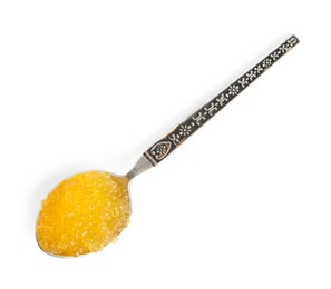 Photo of Fresh pike caviar in spoon isolated on white, top view