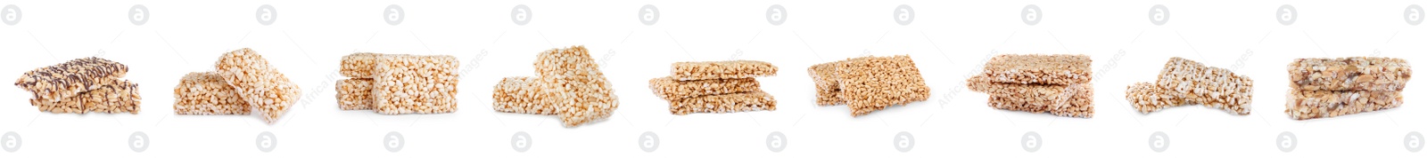 Image of Set of delicious rice crispy treats on white background. Banner design