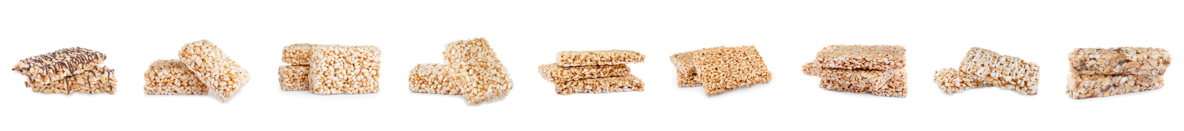 Image of Set of delicious rice crispy treats on white background. Banner design