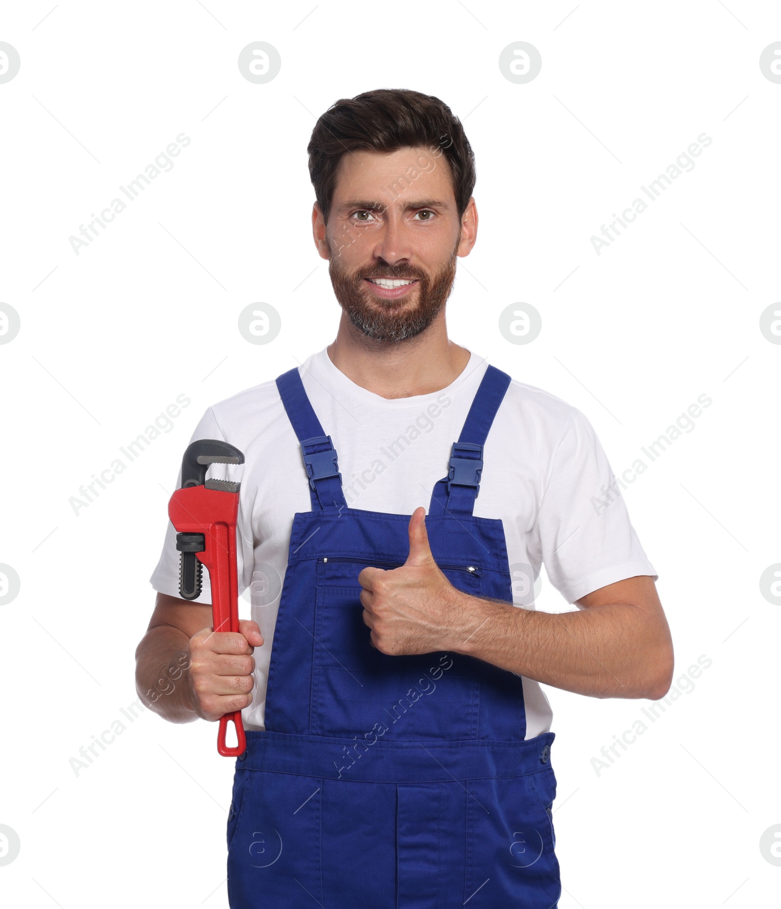 Photo of Professional plumber with pipe wrench on white background