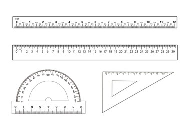 Rulers, triangle and protractor on white background, collage. Illustration