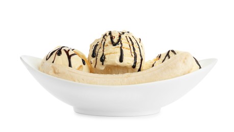 Delicious banana split ice cream with chocolate topping isolated on white