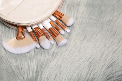 Photo of Bag with set of professional makeup brushes on furry fabric. Space for text