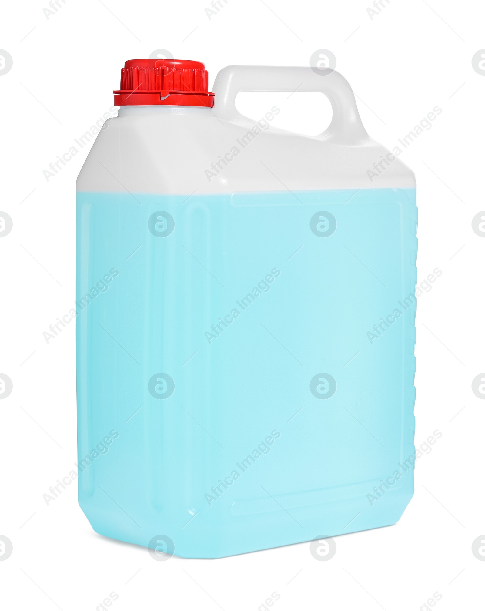 Photo of Plastic canister with blue liquid isolated on white