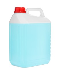 Plastic canister with blue liquid isolated on white