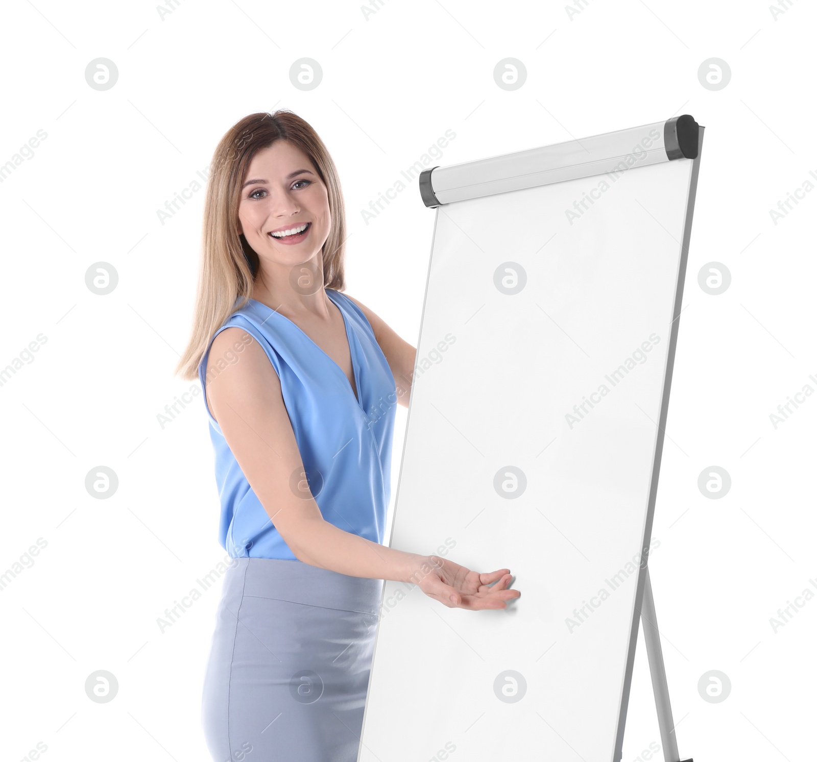 Photo of Female business trainer giving presentation against white background