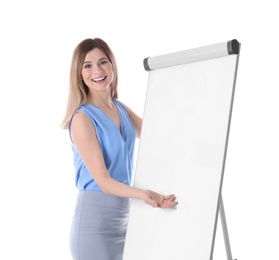 Photo of Female business trainer giving presentation against white background