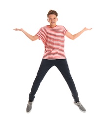 Photo of Teenage boy in casual clothes on white background