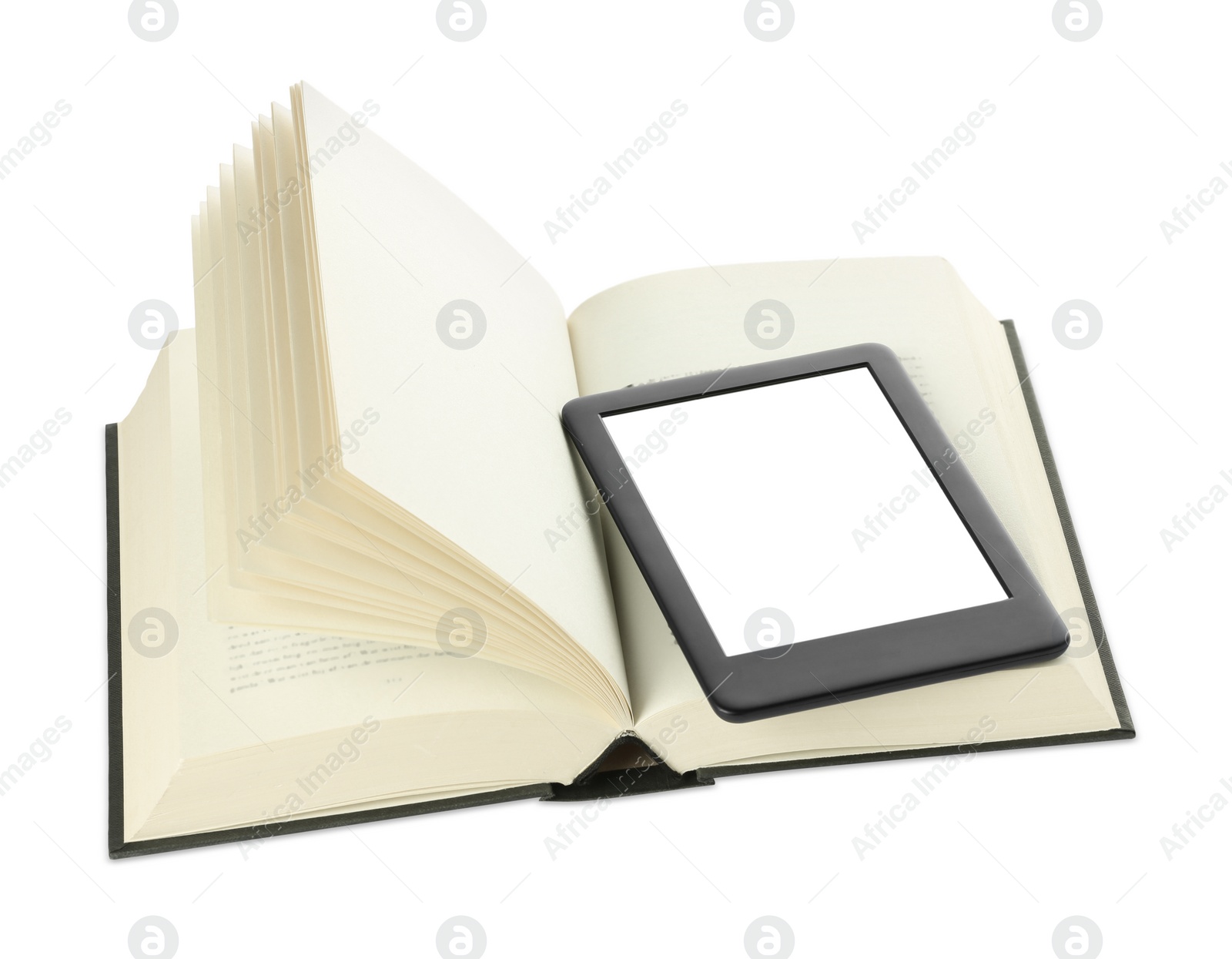 Photo of Open hardcover book and modern e-book isolated on white