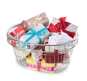 Photo of Shopping basket full of gift boxes on white background