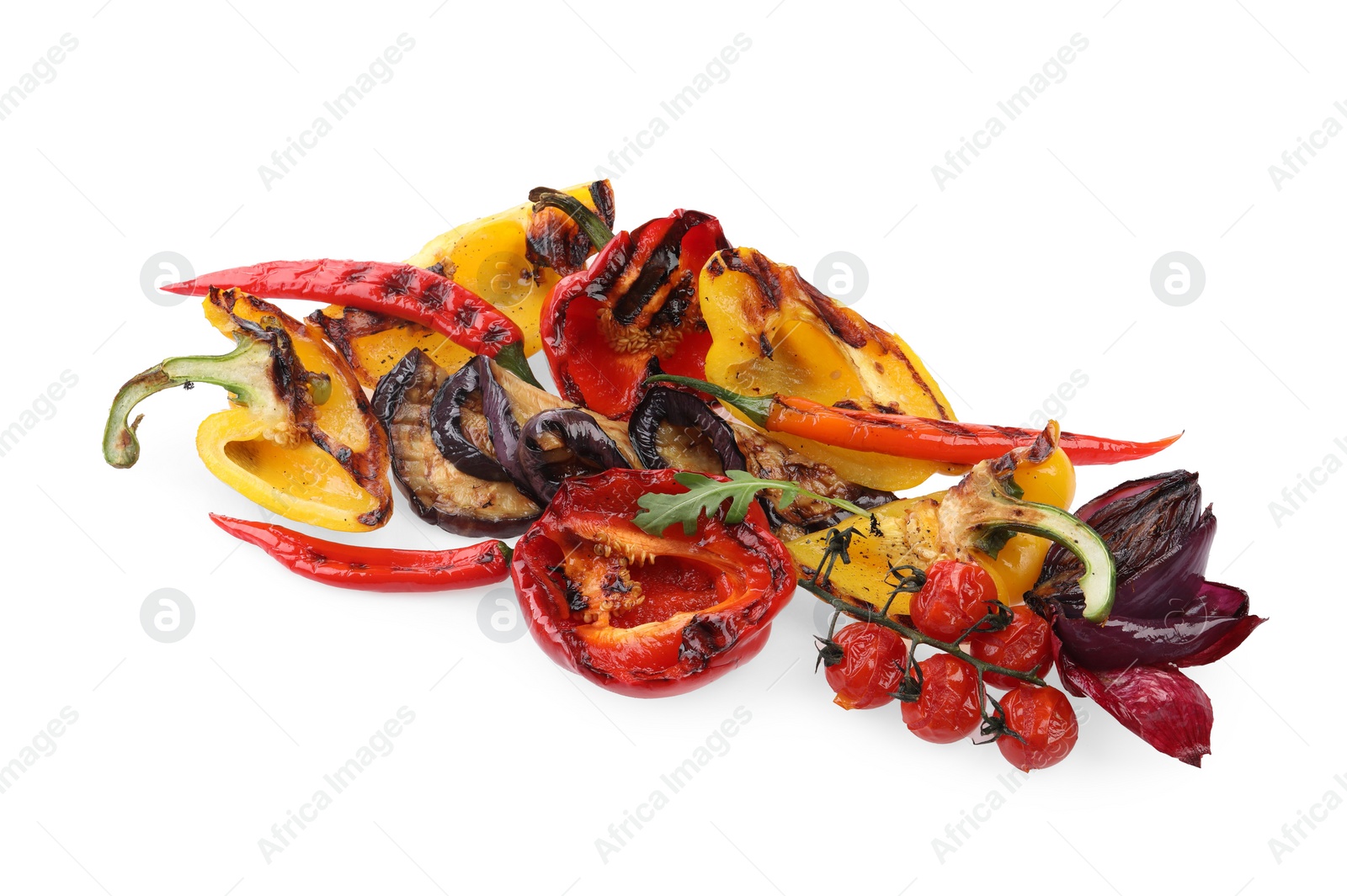 Photo of Different delicious grilled vegetables isolated on white