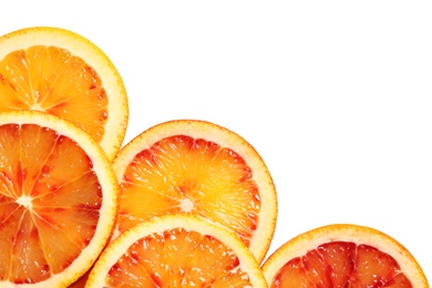 Juicy blood orange slices on white background, top view. Citrus fruit