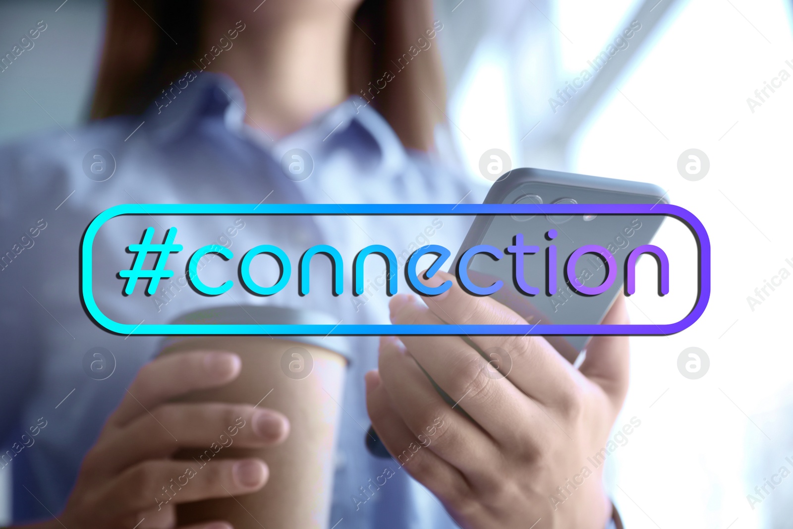 Image of Hashtag Connection. Woman using smartphone indoors, closeup