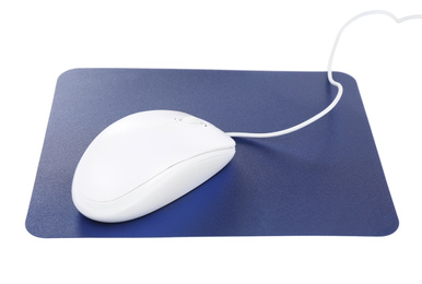 Photo of Modern wired optical mouse and blue pad isolated on white