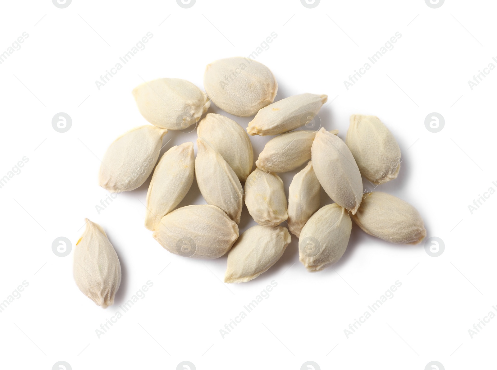 Photo of Many seeds of tangerine isolated on white, top view