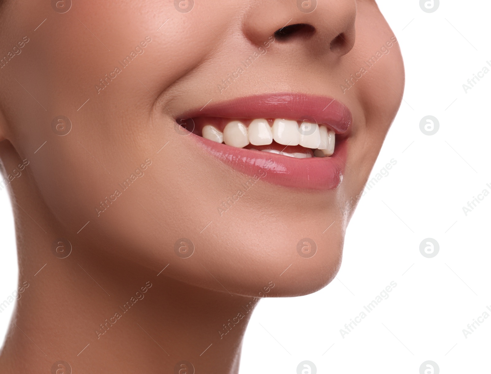 Photo of Young woman with beautiful smile on white background, closeup. Cosmetic dentistry