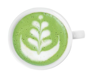 Delicious matcha latte in cup on white background, top view