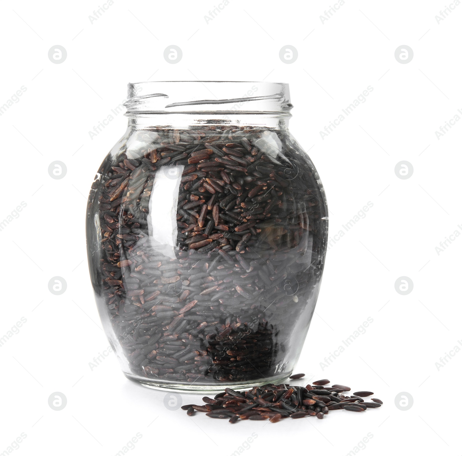 Photo of Jar with uncooked black rice on white background