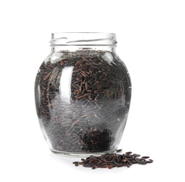 Jar with uncooked black rice on white background