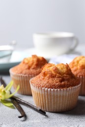 Photo of Delicious sweet muffins, vanilla pods on light grey textured table, closeup. Space for text