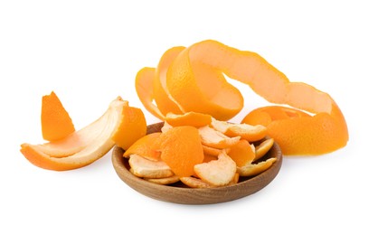 Photo of Different orange peels preparing for drying isolated on white