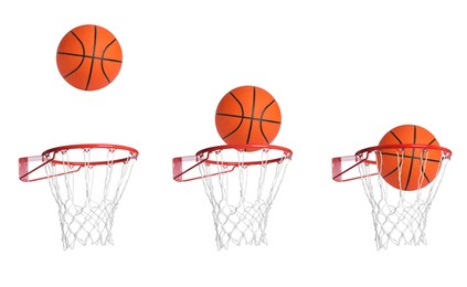 Image of Collage with ball falling through basketball hoop with net isolated on white