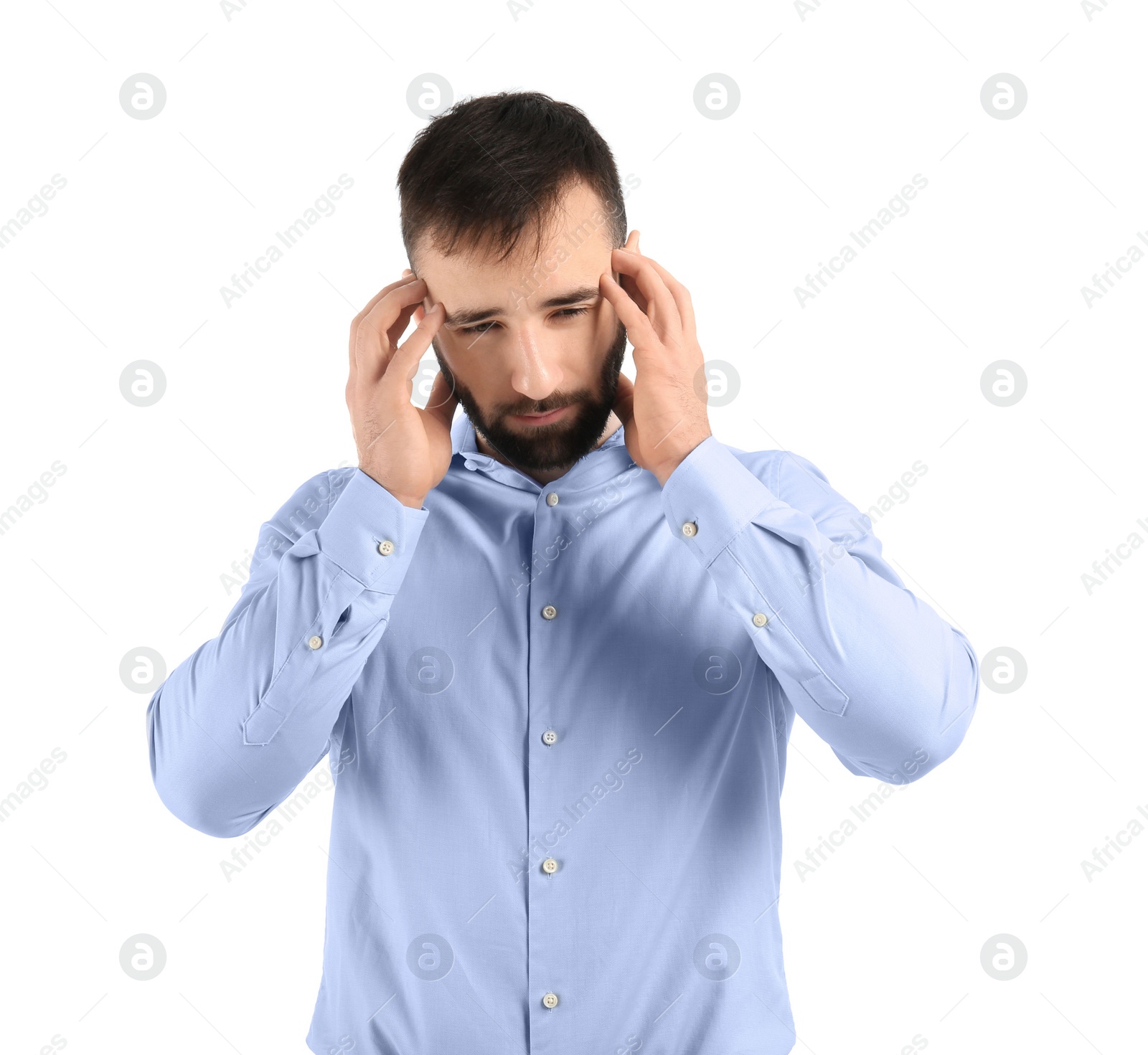 Photo of Young man suffering from headache on white background