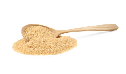 Pile of brown sugar and wooden spoon isolated on white