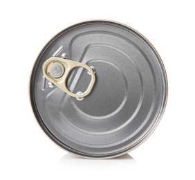 Photo of Closed tin can isolated on white, top view