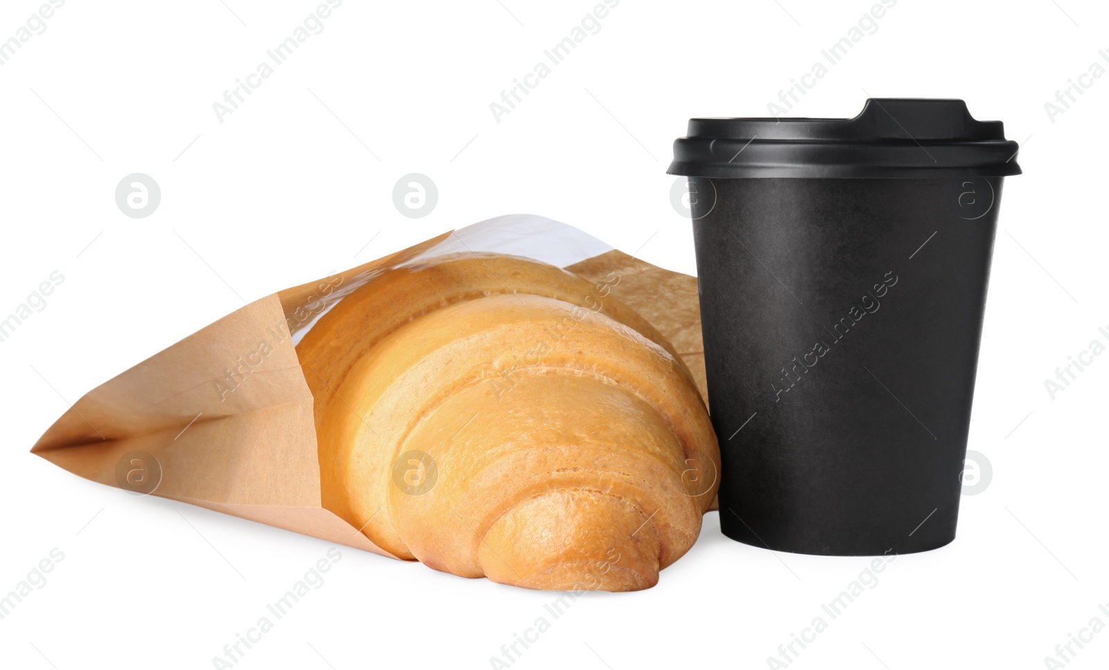 Photo of Delicious fresh croissant and paper cup with coffee isolated on white