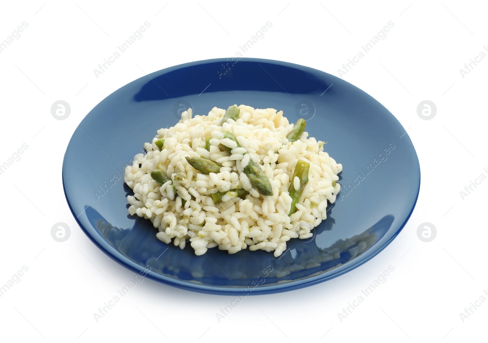 Photo of Delicious risotto with asparagus isolated on white