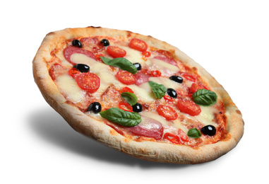 Image of Hot tasty pizza Diablo on white background. Image for menu or poster