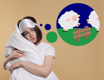 Image of Insomnia. Woman with blindfold and pillow trying to fall asleep on beige background. Thought cloud with illustration of sheep jumping over fence
