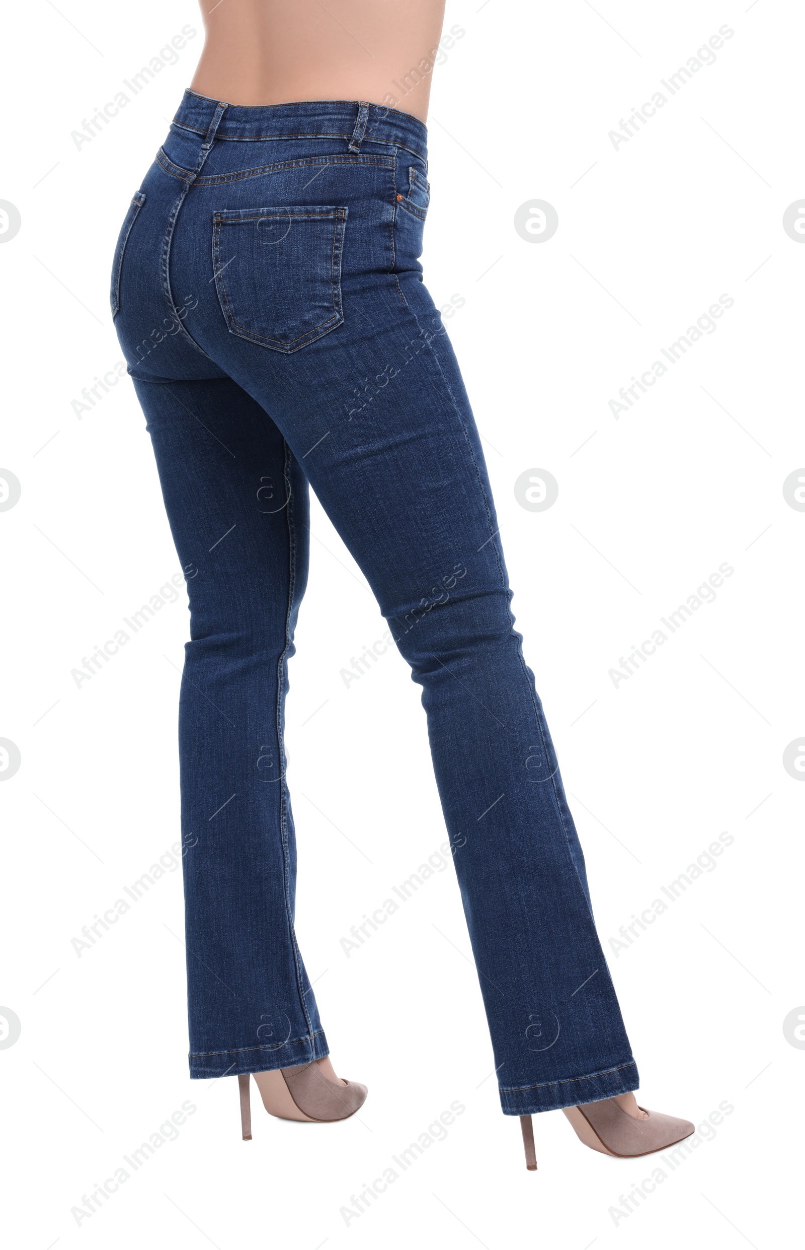 Photo of Woman in stylish jeans on white background, closeup