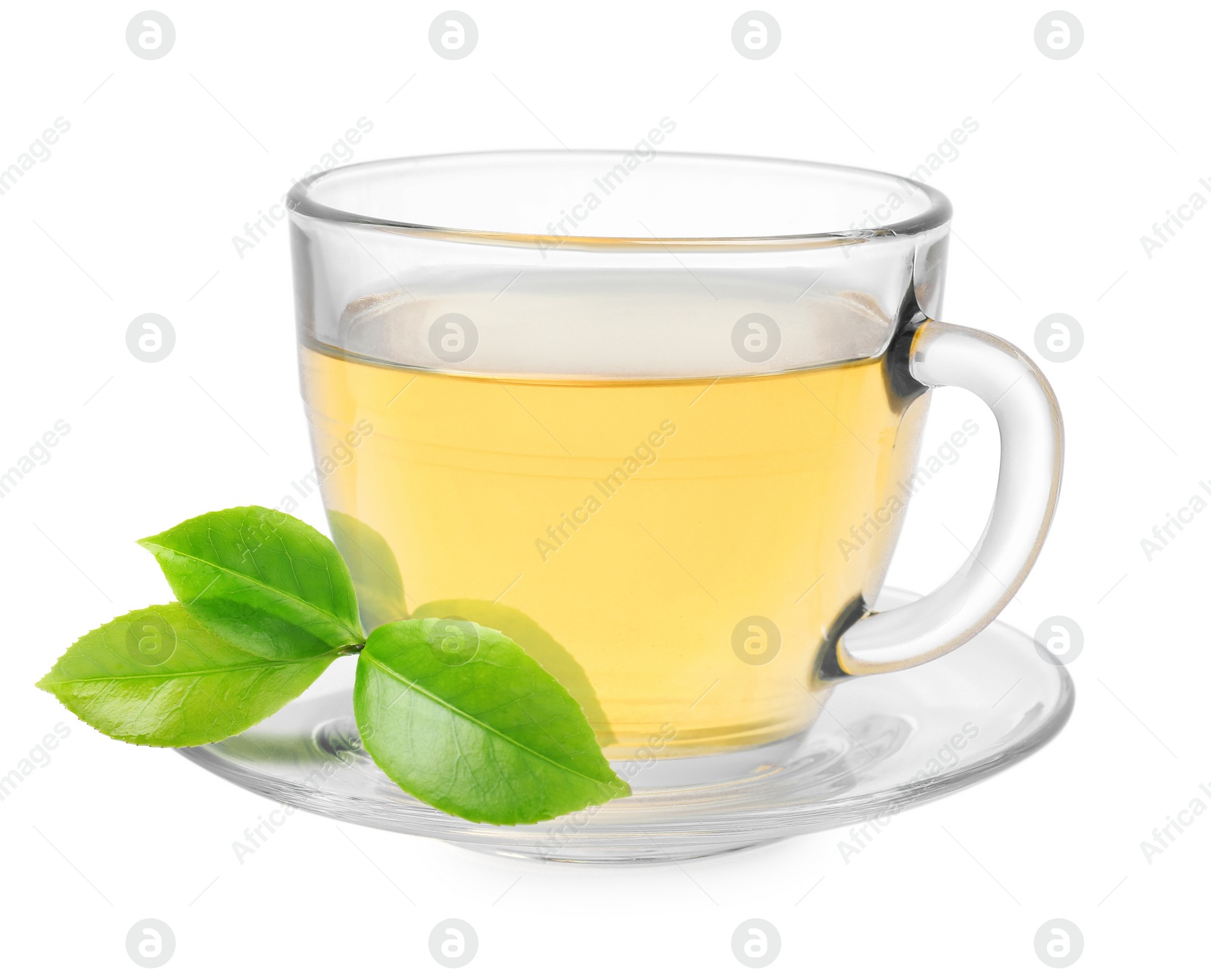 Image of Green tea in glass cup and green leaves isolated on white