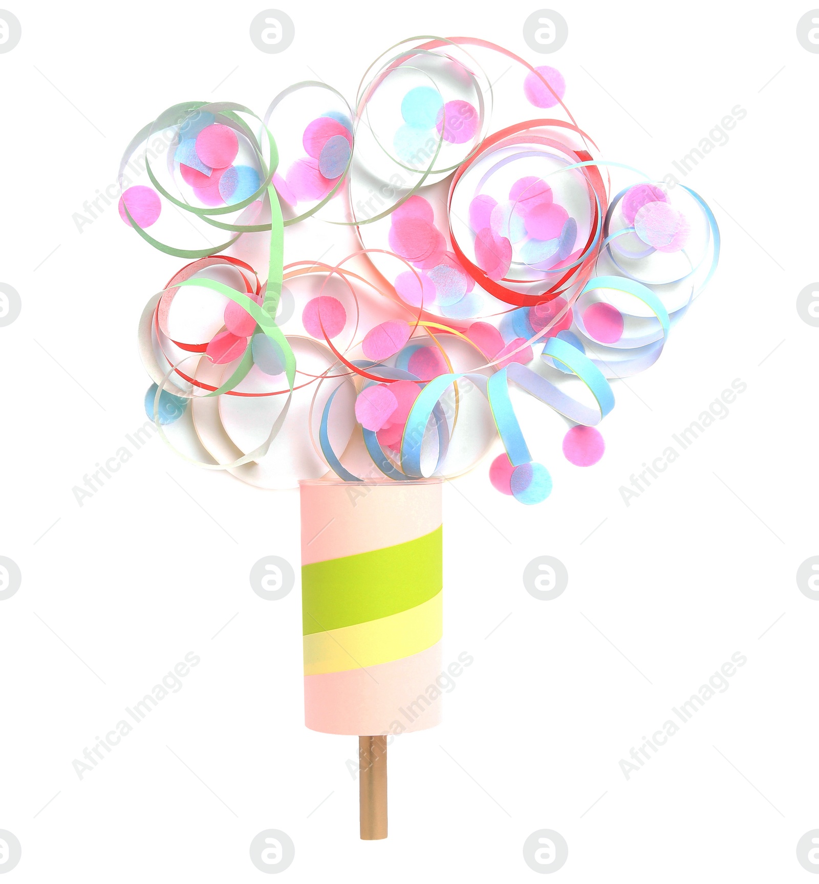 Photo of Colorful confetti and streamers with bright party cracker isolated on white, top view
