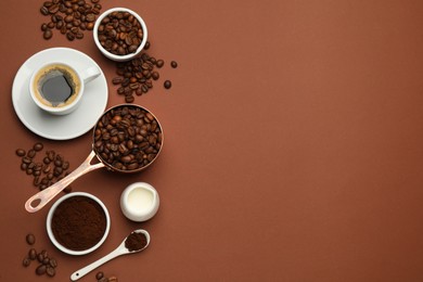 Photo of Flat lay composition with ground coffee and roasted beans on brown background, space for text