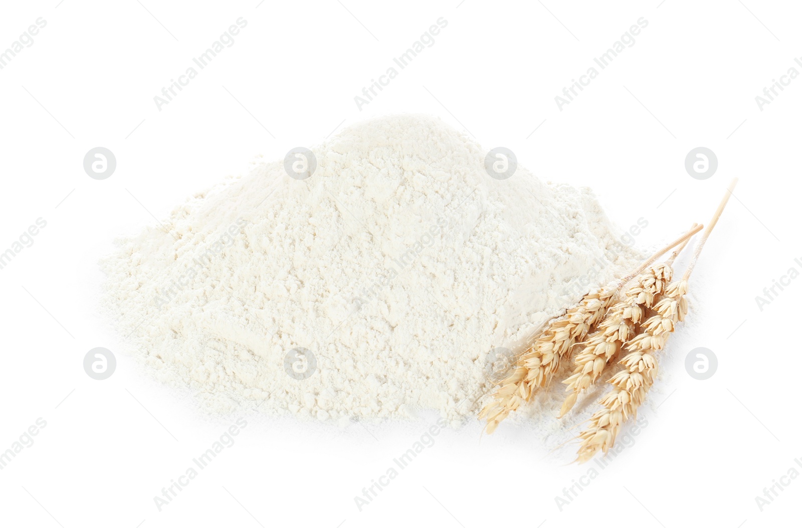 Photo of Organic flour and spikelets isolated on white