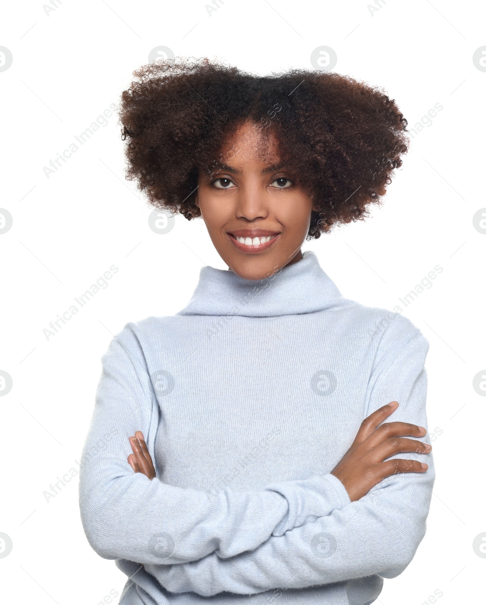 Photo of Portrait of smiling African American woman on white background