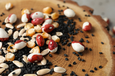 Photo of Mixed vegetable seeds on wooden log, closeup