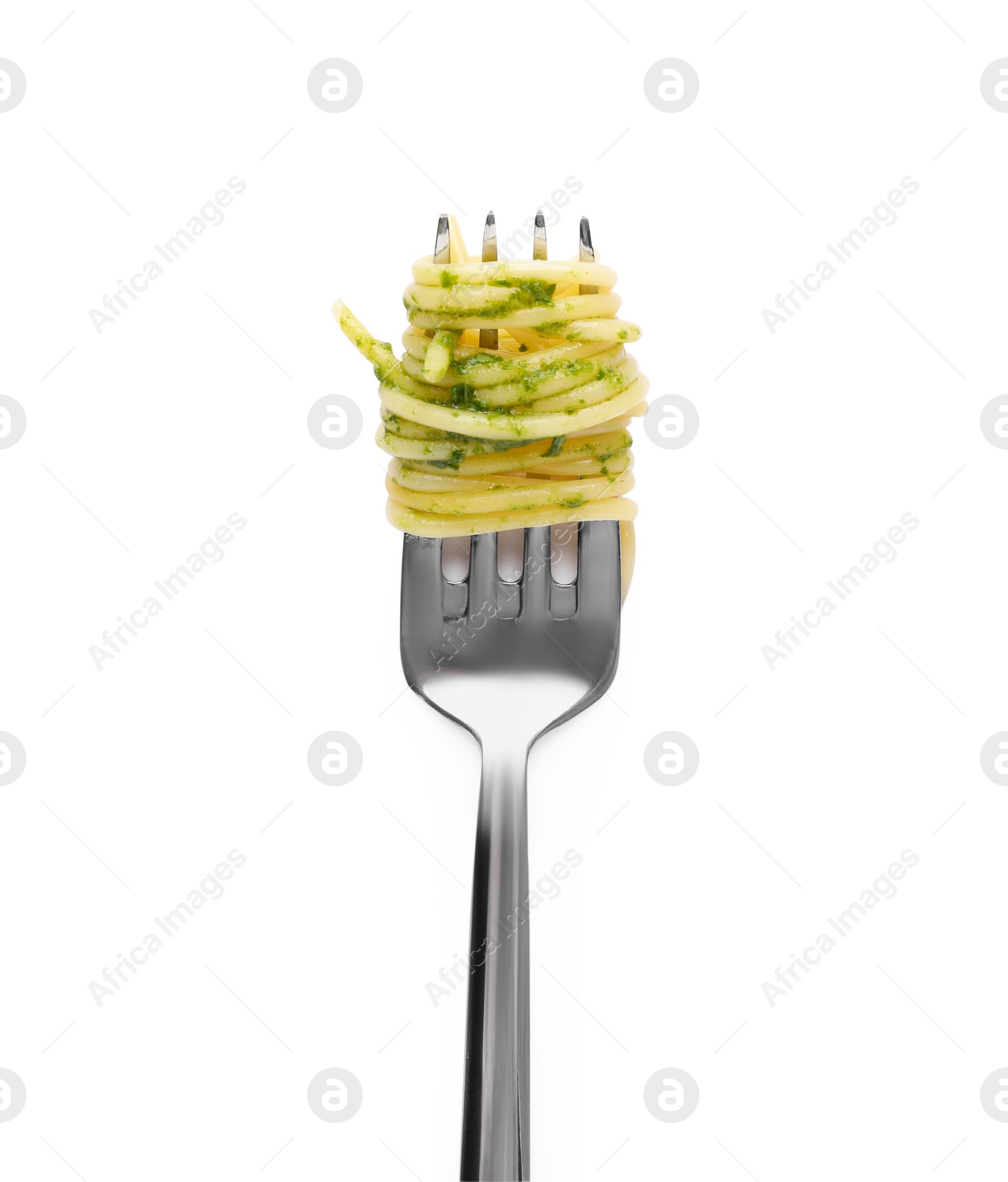 Photo of Fork with tasty pasta isolated on white, top view