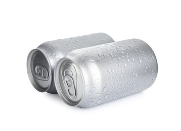 Photo of Aluminium cans of beverage on white background