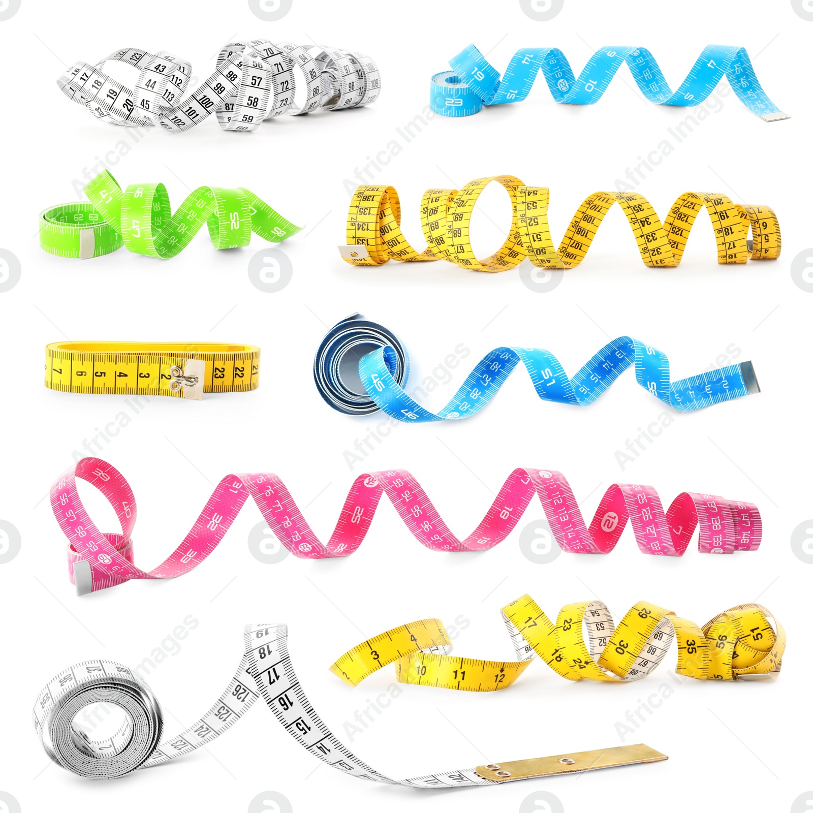 Image of Set with different measuring tapes on white background