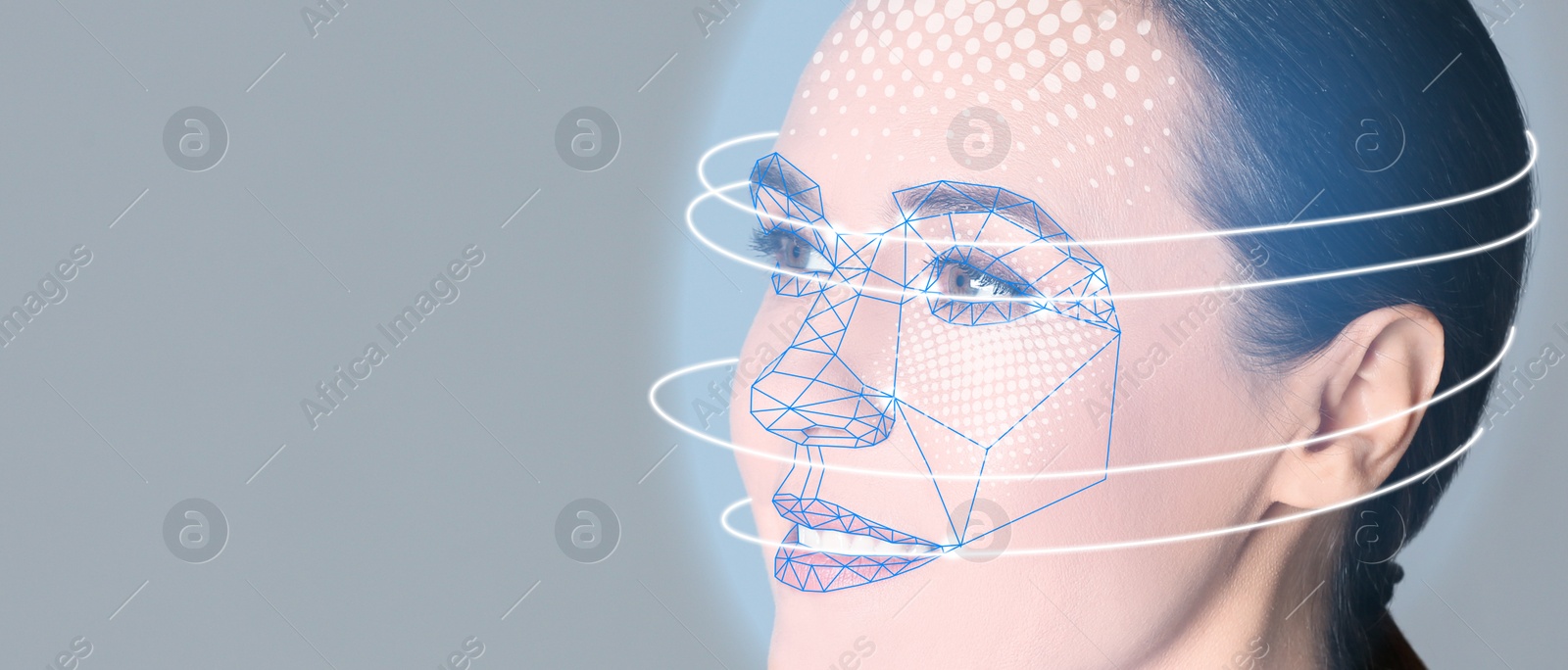 Image of Facial recognition system. Mature woman with digital biometric grid on grey background