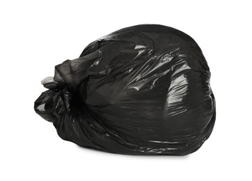 Black trash bag filled with garbage isolated on white