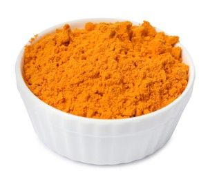 Aromatic saffron powder in bowl on white background