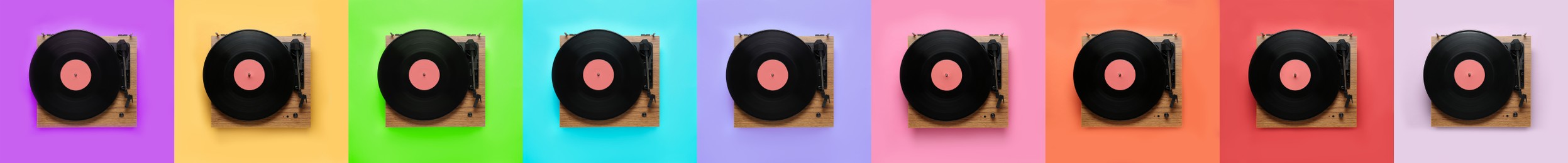 Image of Collage of turntables with vinyl records on different color backgrounds, top view. Banner design