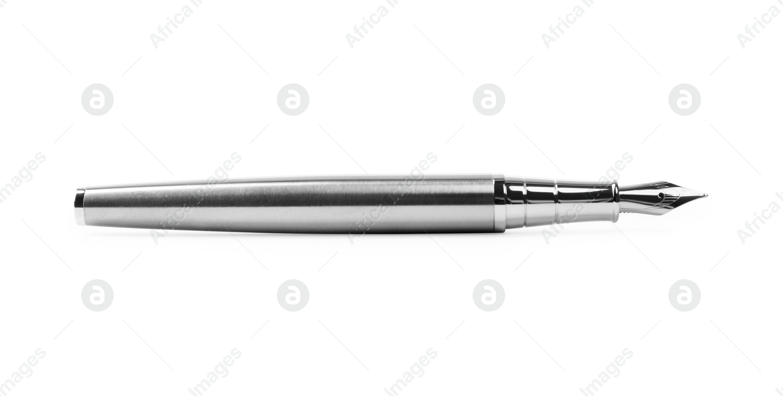 Photo of Stylish silver fountain pen isolated on white