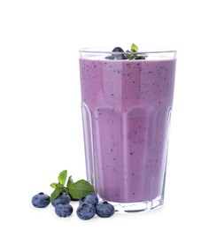 Photo of Glass of blueberry smoothie with fresh berries and mint on white background