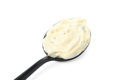 Photo of Tartar sauce in spoon isolated on white